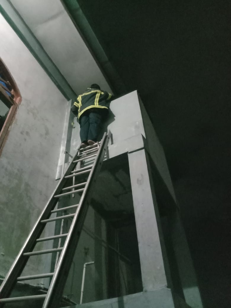 evakuasi seekor kucing yang terjebak di atas tandon air Kost Pondok Joy yang beralamat di Jl. Peny