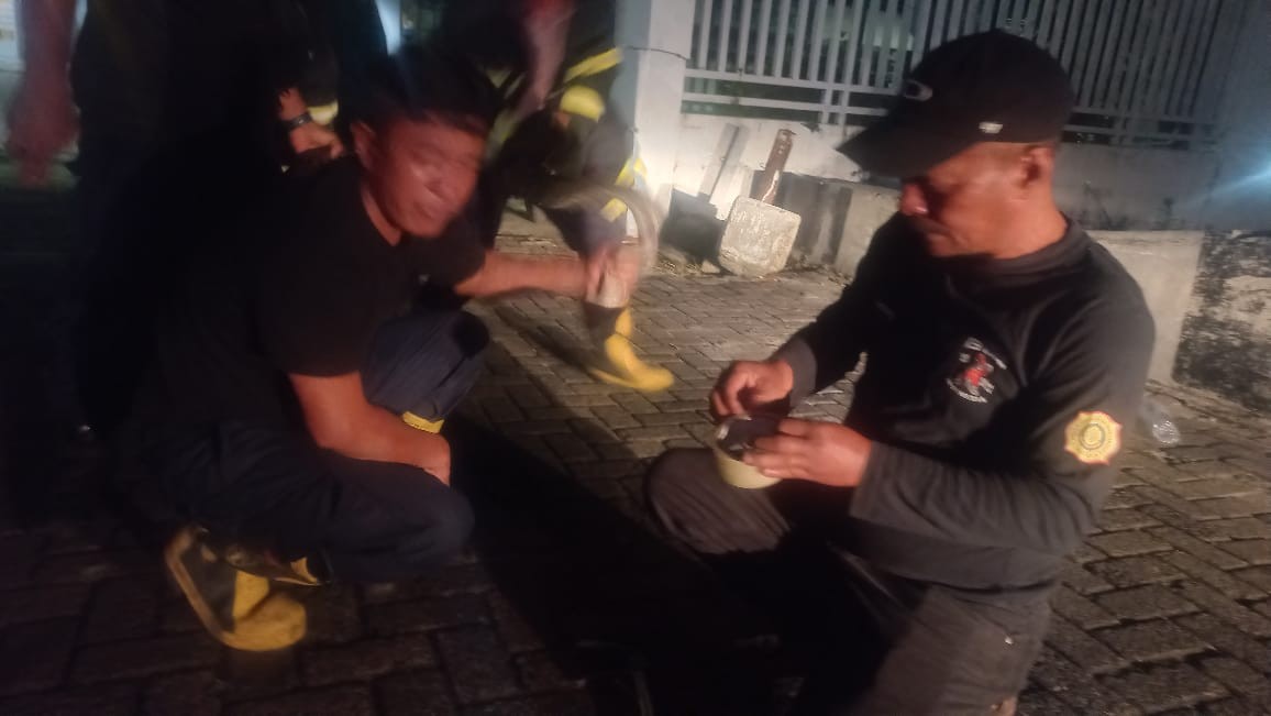 Personil Dinas Pemadam Kebakaran dan Penyelamatan berhasil mengevakuasi seekor ular di depan gerban